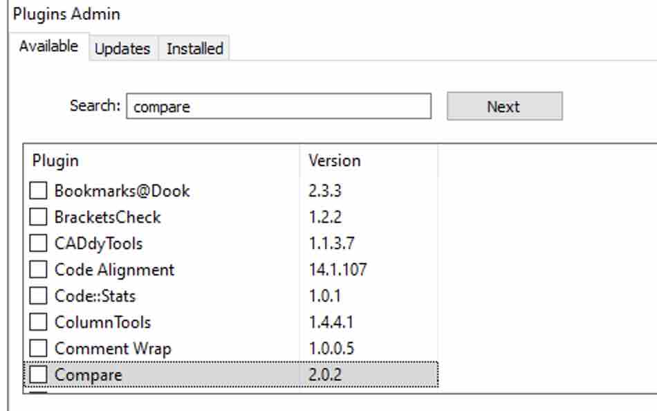 Notepad++ Plugin Admin Select Compare